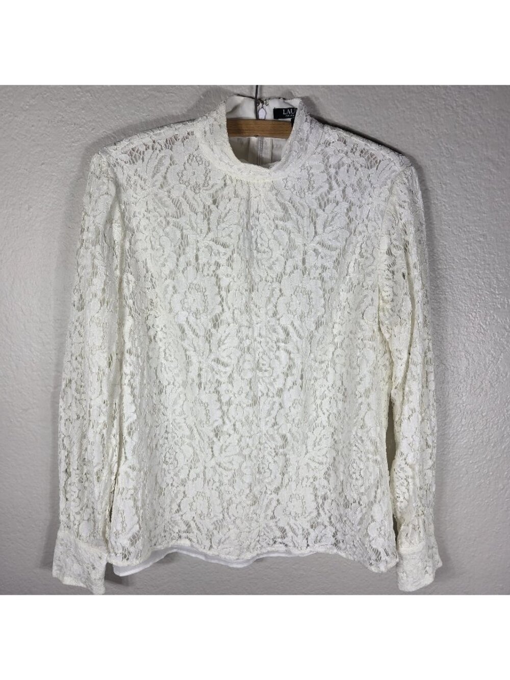 Lauren Ralph Lauren Full Floral Lace Top Blouse Sz 8 Ivory Mock Neck Long Sleeve